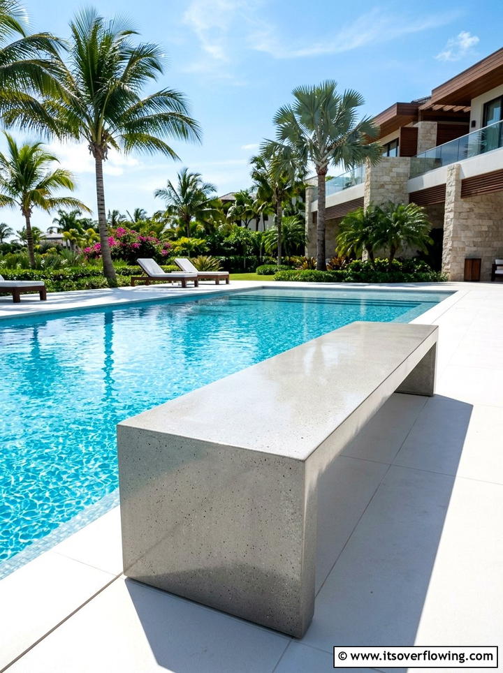 Polished concrete bench for pool area - 25 backyard ideas with concrete bench