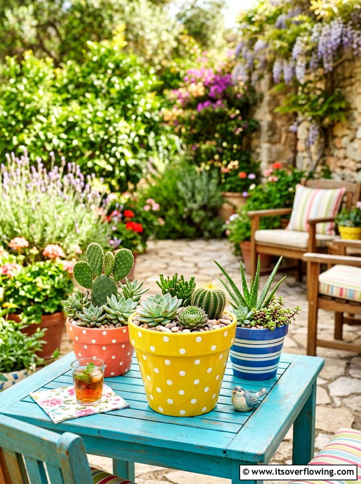 Polka Dot Garden Pots - 25 garden ideas with painted pots
