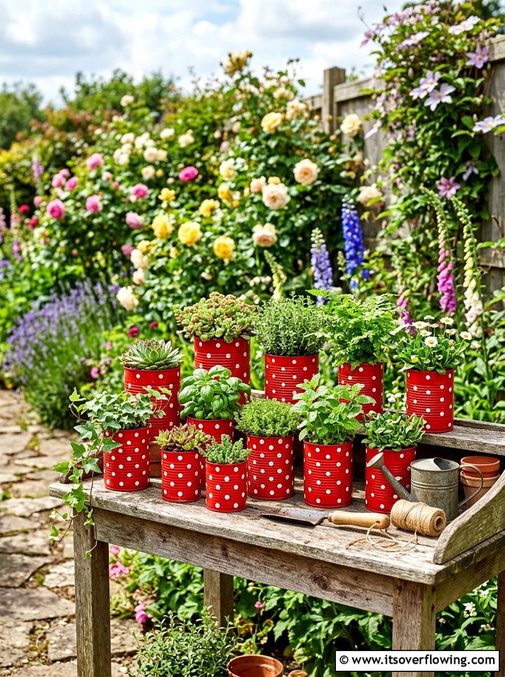 Polka Dot Planters - 25 upcycled garden ideas with tin cans