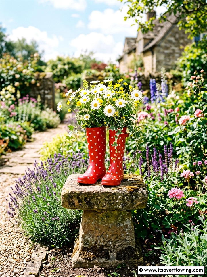 Polka Dot Rain Boot Garden Feature - 25 upcycled garden ideas with old boots
