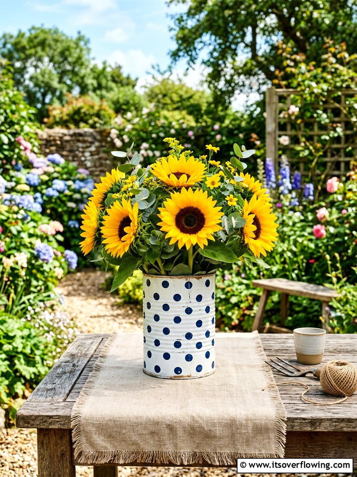 Polka Dot Tin Can Flower Vase - 25 upcycled garden ideas with old cans