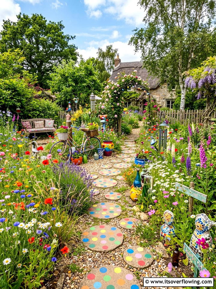 Polka dot garden walkway - 25 creative garden ideas with painted stepping stones
