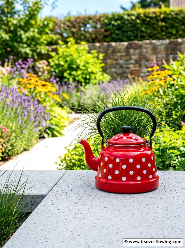 Polka dot kettle garden accent - 25 upcycled garden ideas with old kettles