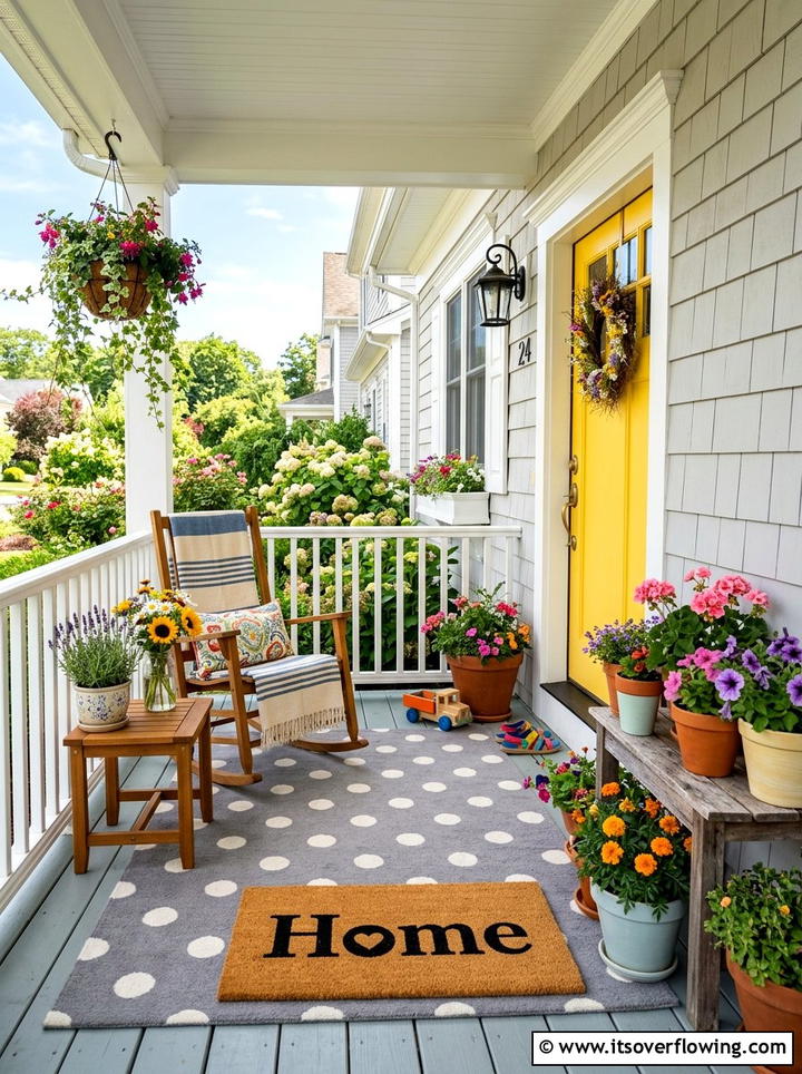 Polka dot outdoor rug with home mat - 25 front porch decor ideas with layered mats