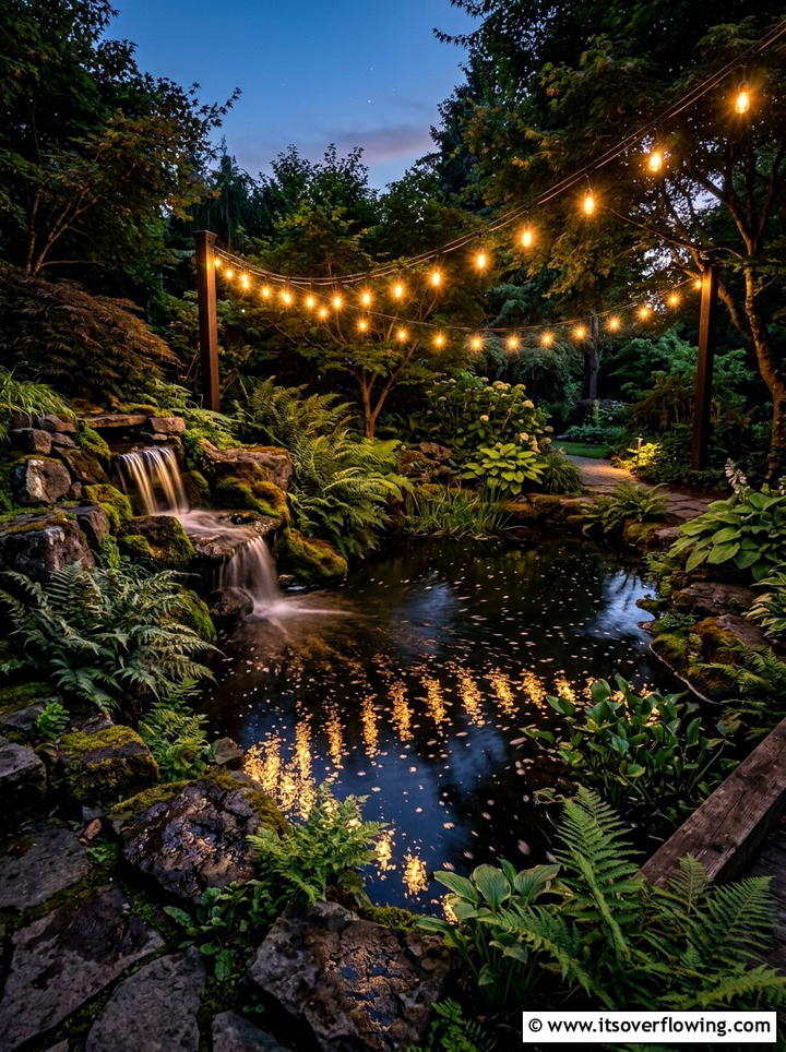 Pond reflection lights - 25 garden decor ideas with string bulb lights