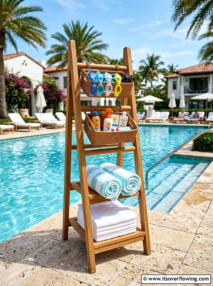 Poolside Accessory Ladder - 25 backyard decorating ideas with vintage ladders