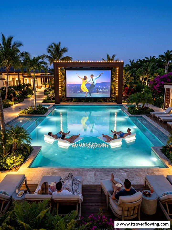 Poolside Cinema Setup - 25 backyard ideas with projector screen
