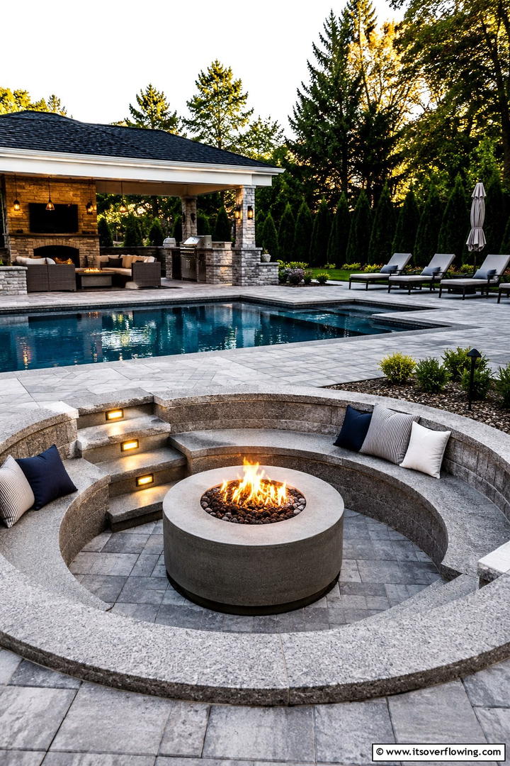 Poolside Fire Pit Integration - 30 Pavers Around Pool Ideas for a Sleek and Safe Design