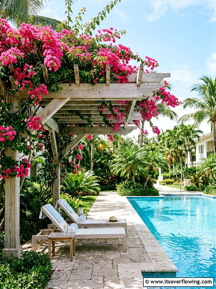 Poolside Pergola With Bougainvillea - 25 garden design ideas with pergola and vines