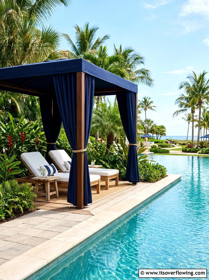 Poolside cabana with navy blue curtains - 25 backyard decorating ideas with outdoor curtains