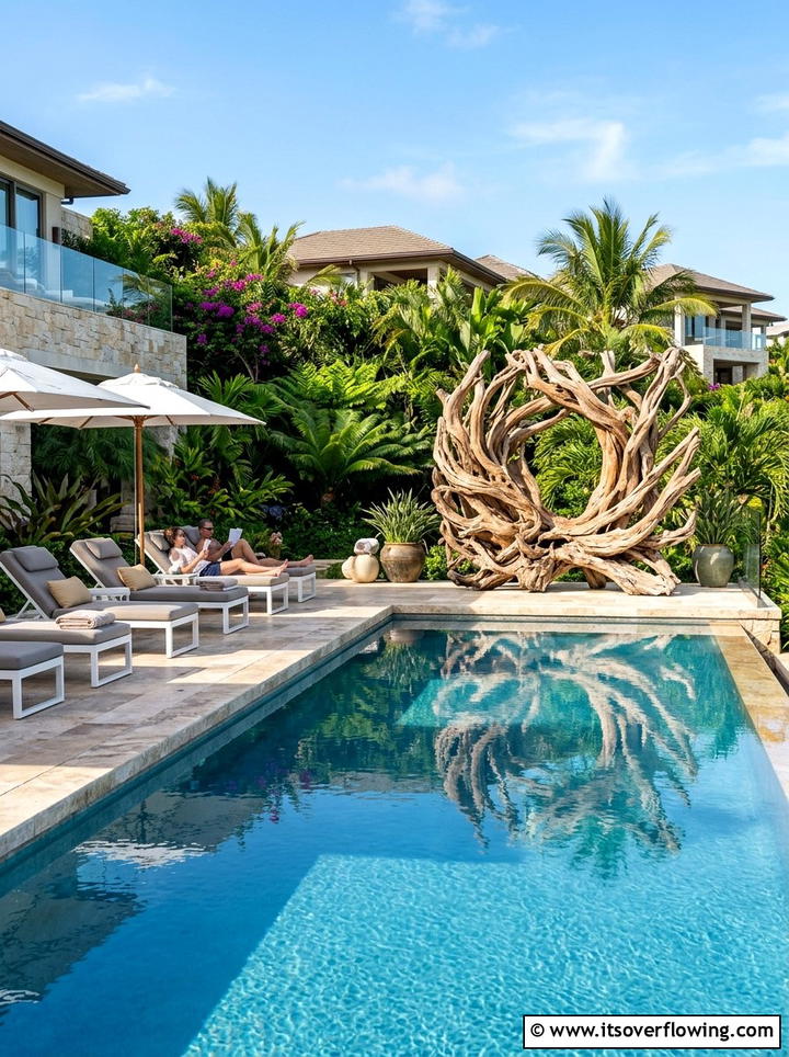 Poolside landscape with driftwood art - 25 garden ideas with driftwood sculptures