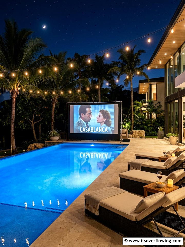 Poolside movie screen setup - 25 backyard ideas with outdoor movie setup