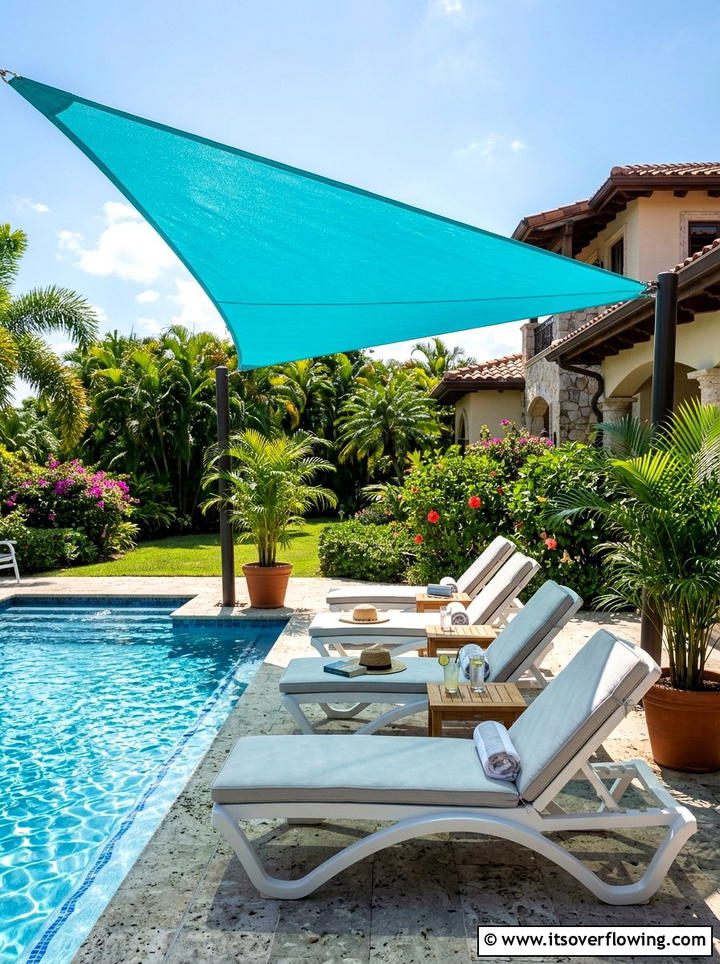 Poolside shade sail lounge - 25 garden decor ideas with shade sails
