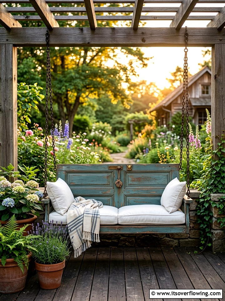 Porch Swing From Old Door - 25 upcycled garden ideas with old doors