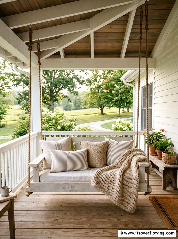 Porch Swing With Pillows - 25 backyard ideas with farmhouse style