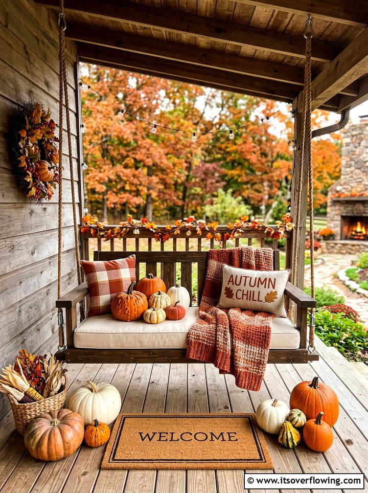 Porch swing pumpkin decor - 25 front porch ideas with pumpkins