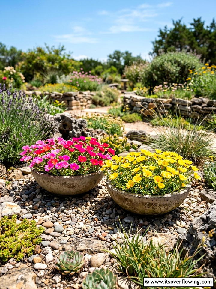 Portulaca in shallow porch bowls - 25 front porch ideas with sun loving plants