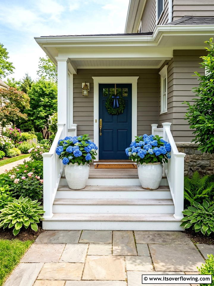 Potted Blue Hydrangeas - 25 front porch ideas with coastal style