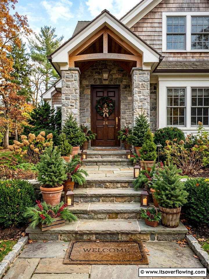 Potted Evergreen Trees - 25 front porch decor ideas with holiday entry styling