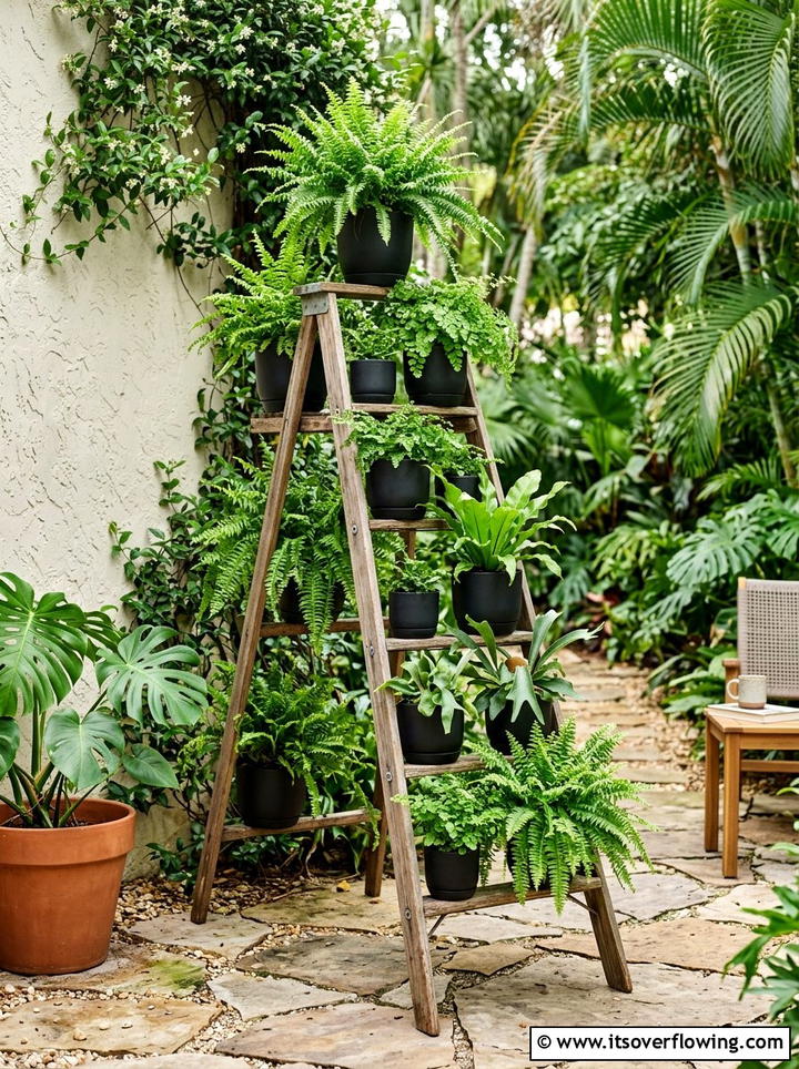 Potted Fern Ladder - 25 backyard decorating ideas with vintage ladders