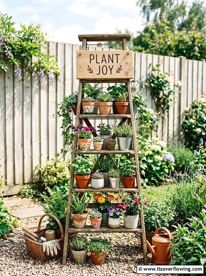 Potted Plant Ladder Sign - 25 garden decor ideas with signs