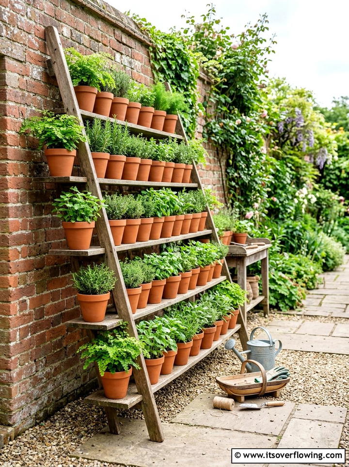 Potted Plant Shelf - 25 upcycled garden ideas with old ladders