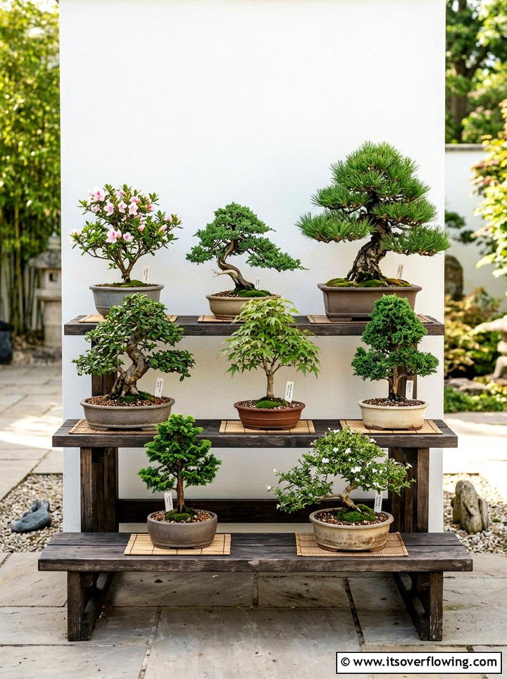 Potted bonsai display - 25 small garden ideas with zen style