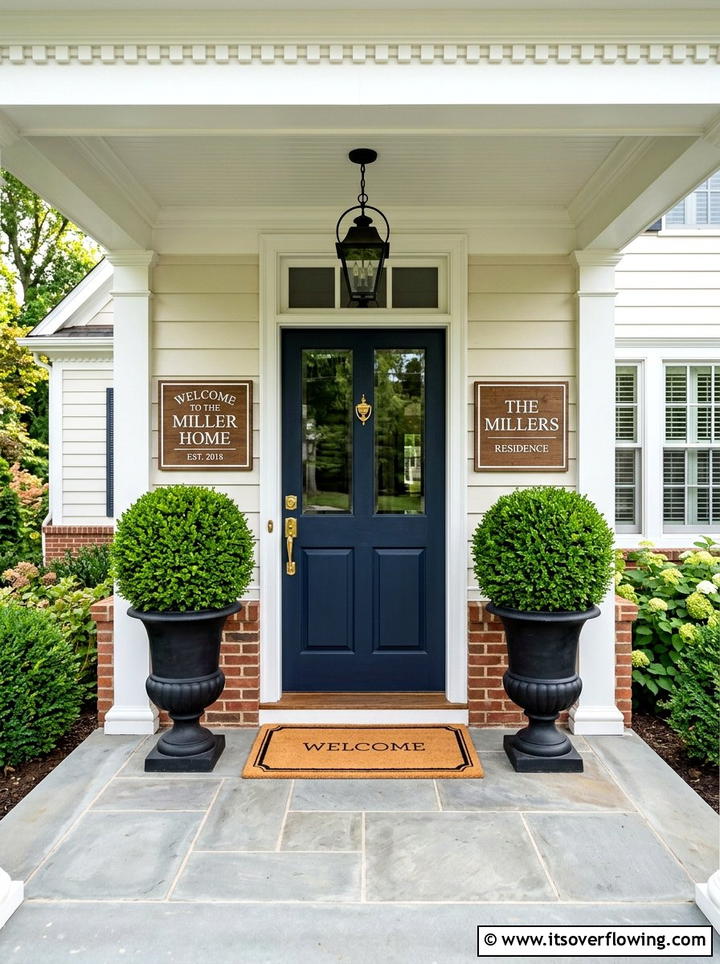 Potted boxwood porch entry - 25 front porch decor ideas with personalized welcome sign
