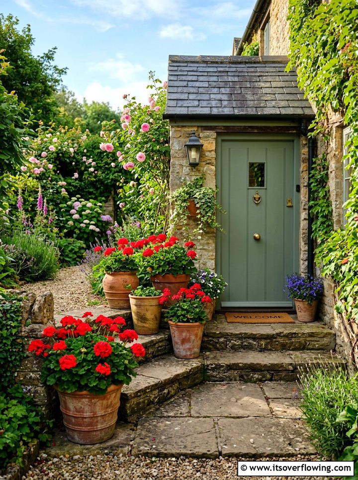 Potted geraniums for sunny entrance - 25 front porch ideas with sun loving plants