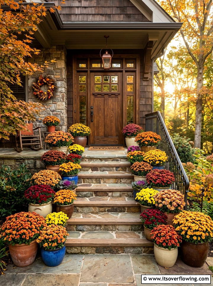 Potted mums on porch steps - 25 front porch ideas with mums