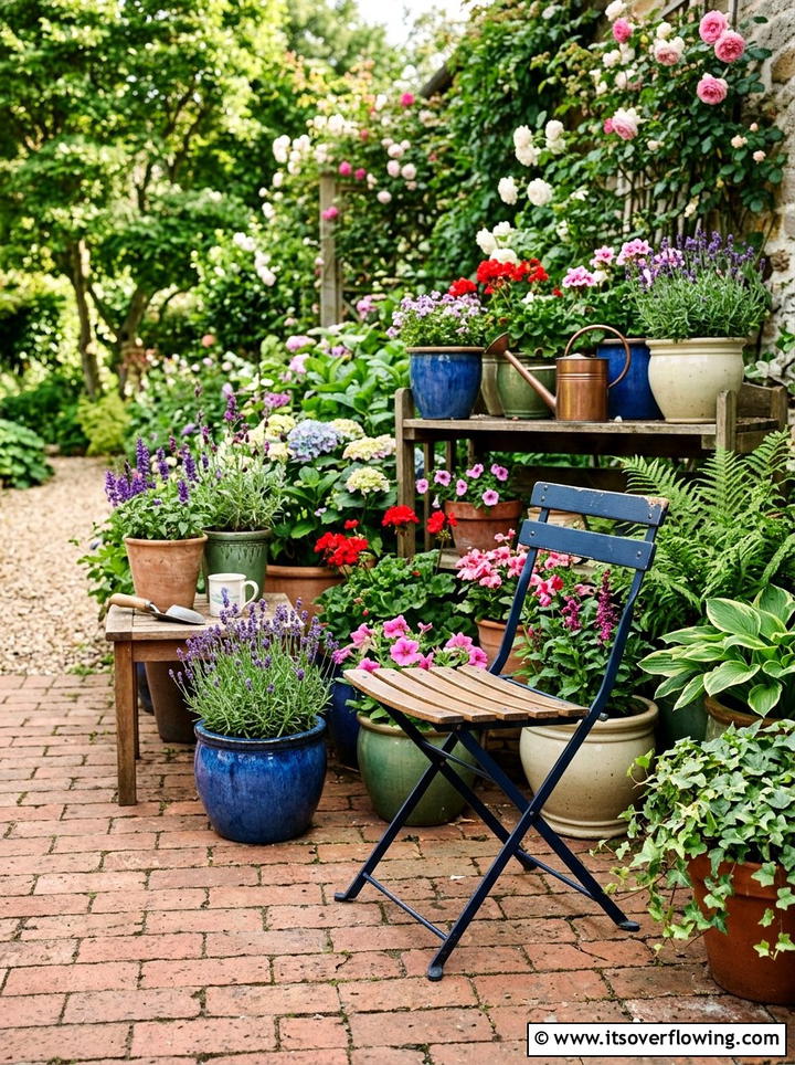 Potted plant garden with folding chair - 25 small garden ideas with foldable seating