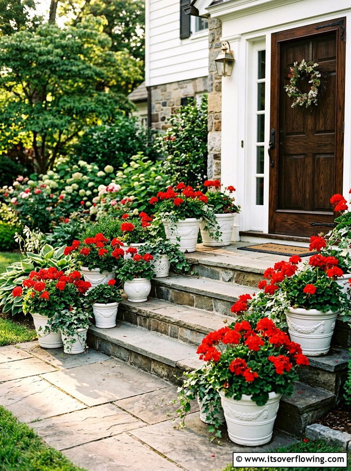 Potted red geraniums - 25 front porch ideas with patriotic decor