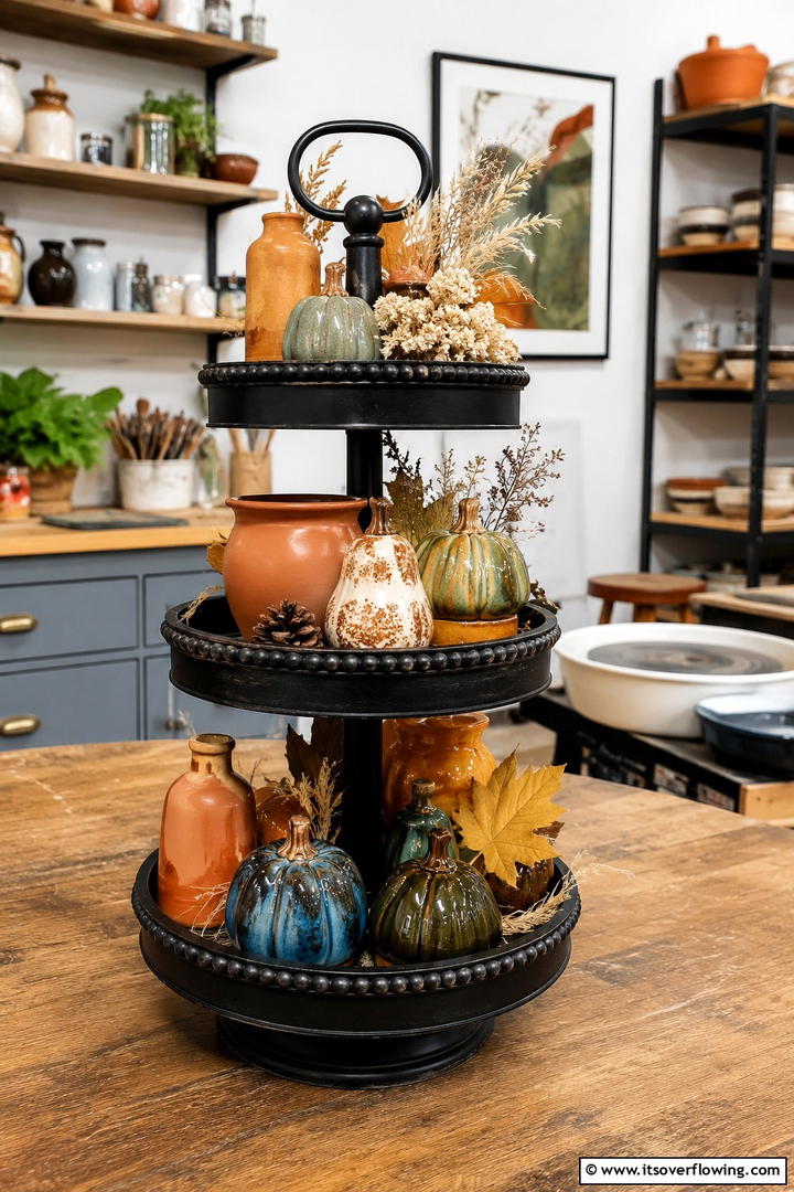 Pottery and Clay Elements - 50 Fall Tiered Tray Decor Ideas for Festive Shelves