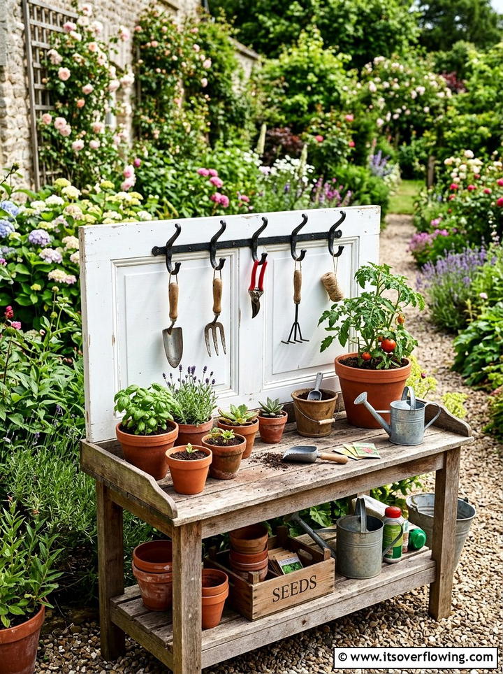 Potting Bench Backrest - 25 upcycled garden ideas with cabinet doors
