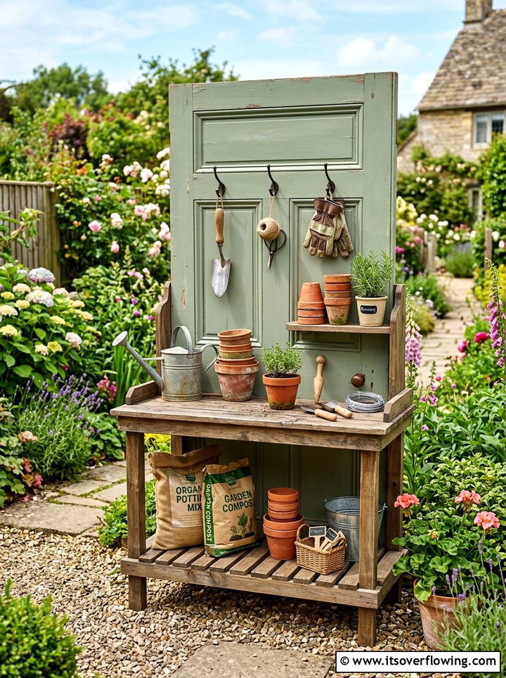 Potting Bench From Vintage Door - 25 upcycled garden ideas with old doors
