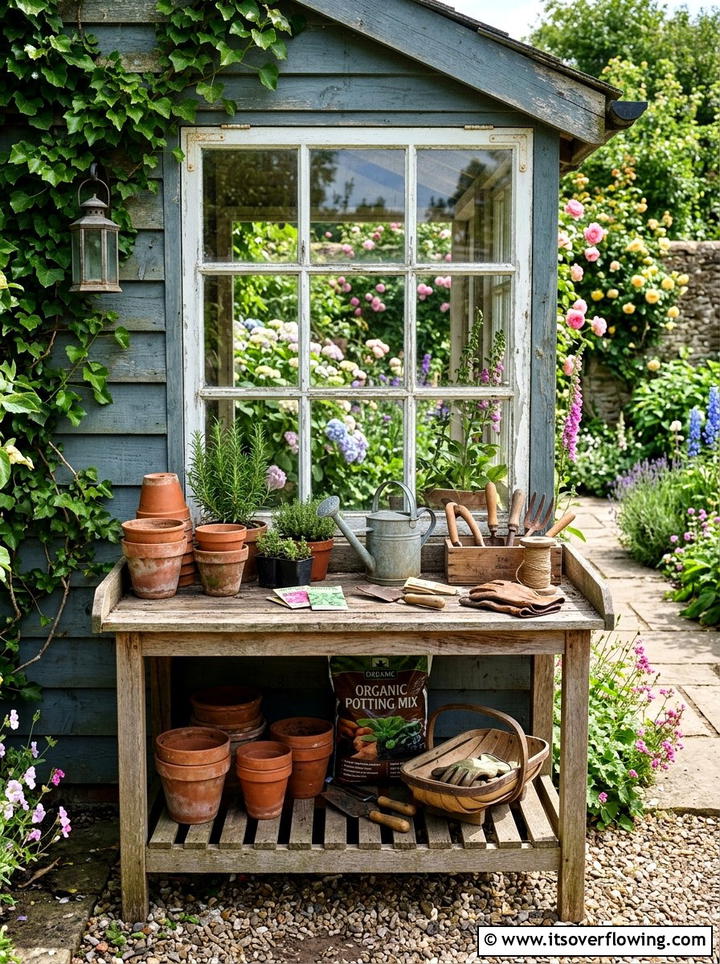 Potting Bench Window Backdrop - 25 backyard decorating ideas with old window decor