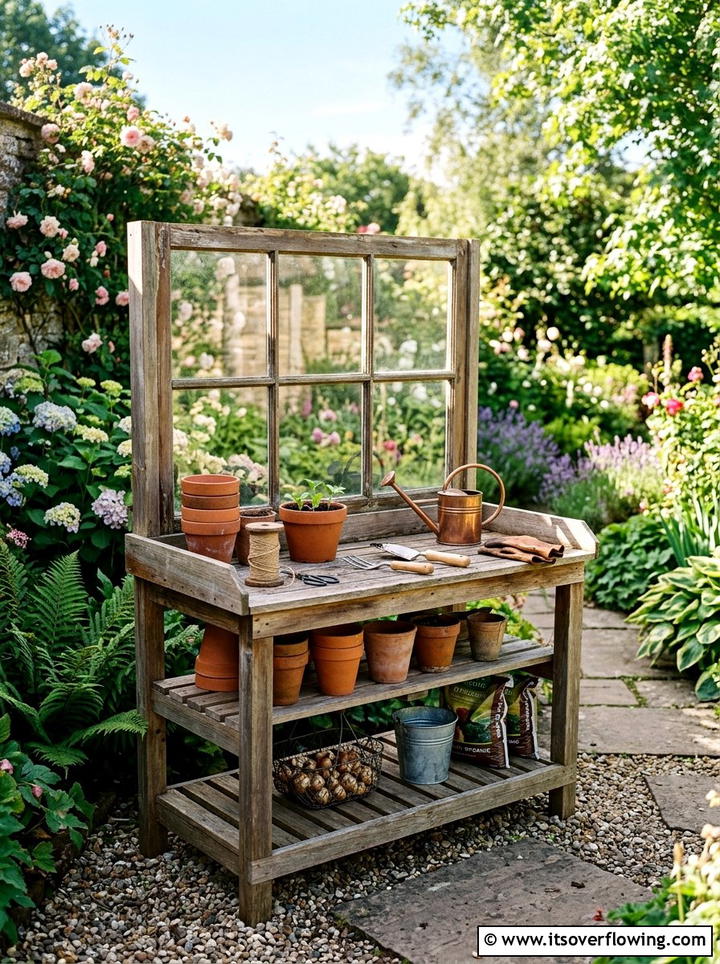 Potting Bench With Window Backsplash - 25 upcycled garden ideas with old windows