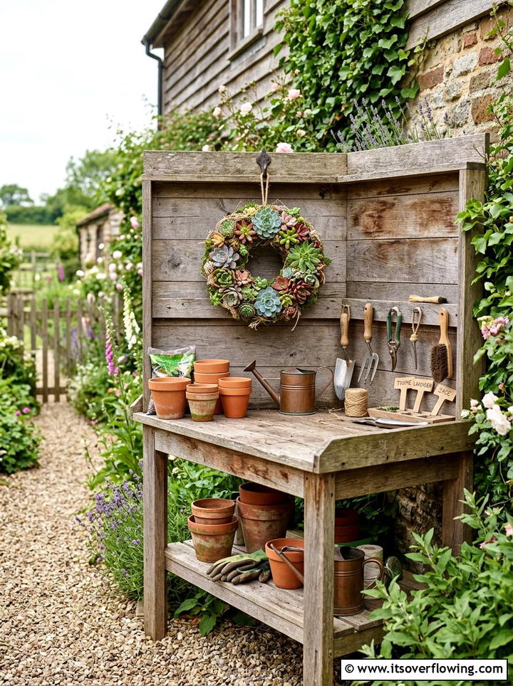 Potting Bench Wreath - 25 garden decor ideas with seasonal wreaths