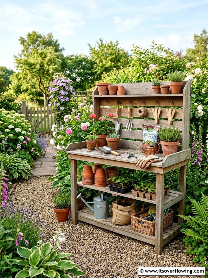 Potting Station On Gravel Base - 25 cheap garden ideas with gravel