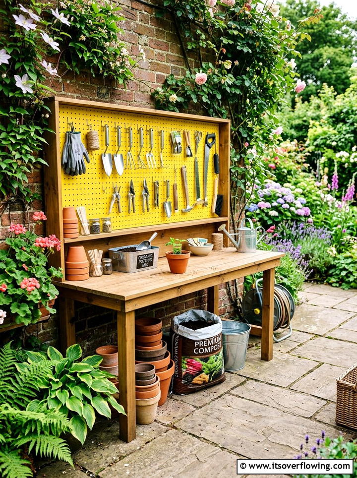Potting Station With Pegboard Organization - 25 backyard ideas with potting station