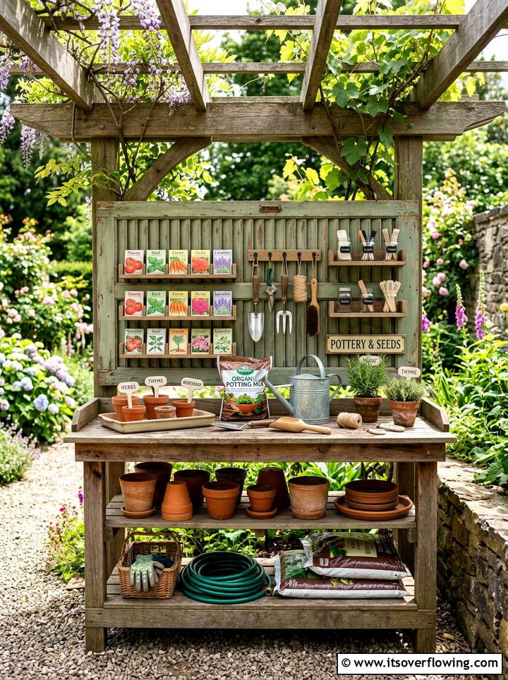 Potting bench station - 25 upcycled garden ideas with old shutters