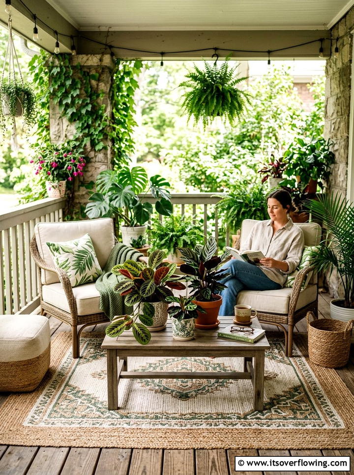 Prayer plant seating area - 25 front porch ideas with cat safe plants