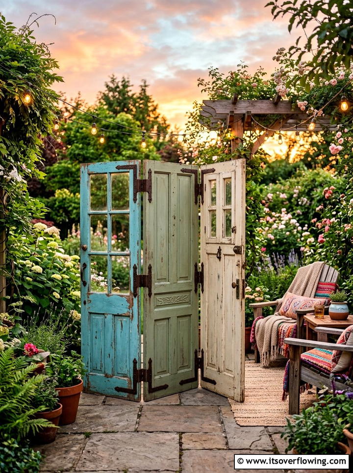 Privacy Screen From Reclaimed Door - 25 upcycled garden ideas with old doors