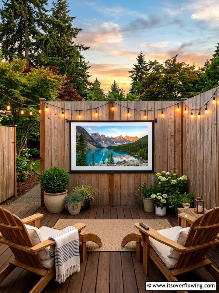 Projector screen on wood fence - 25 backyard ideas with outdoor movie setup