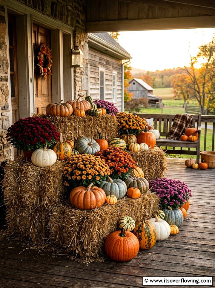 Pumpkin And Mums Arrangement - 25 front porch decor ideas with mums and hay bales