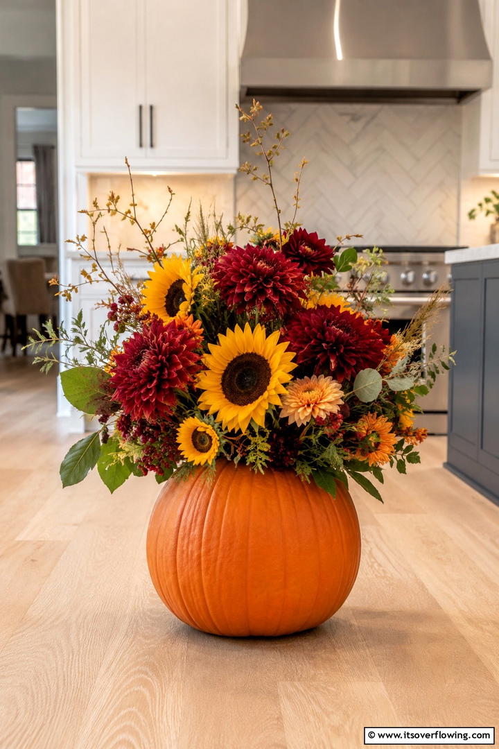 Pumpkin Flower Vase Arrangement - 50 Fall Pumpkin Decor Ideas for Cozy Autumn Homes Today