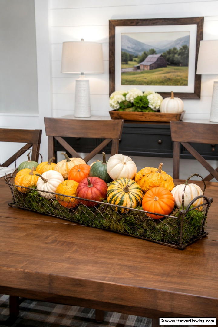 Pumpkin Patch Basket Centerpiece - 50 Fall Pumpkin Decor Ideas for Cozy Autumn Homes Today