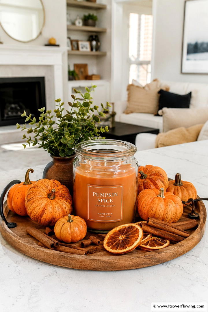 Pumpkin Spice Candle and Pumpkin Vignette - 50 Fall Pumpkin Decor Ideas for Cozy Autumn Homes Today