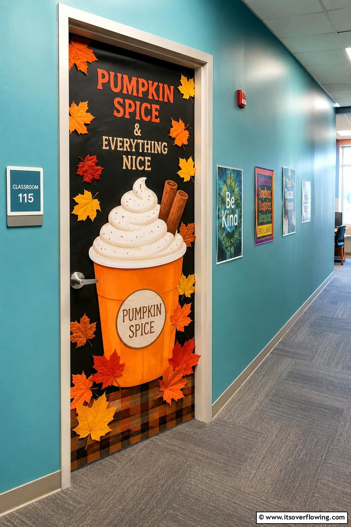Pumpkin Spice Display - 50 Fall Door Decor Classroom Ideas for Cozy Entryways