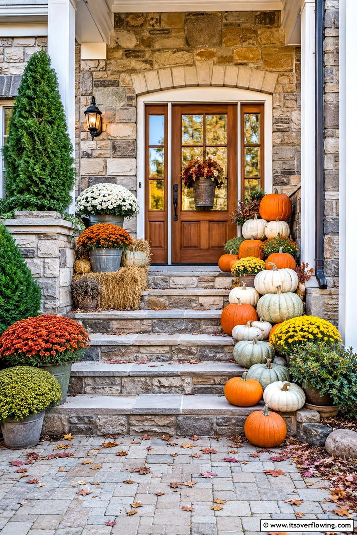 Pumpkin Stack Entry Arrangement - 50 Fall Front Door Decor Ideas Roundup- Curb Appeal